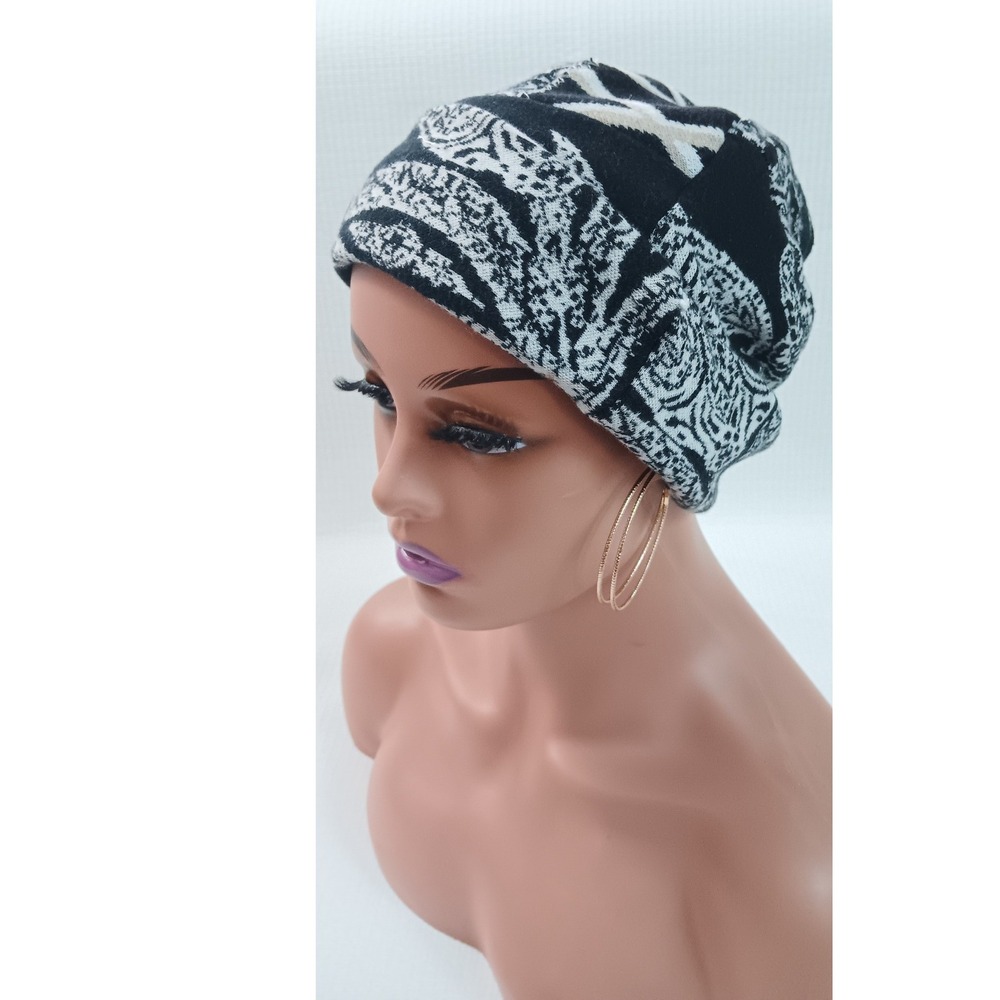 Handmade Women Black White Paisley Stretch Beanie Slouchy Head Covering Hat